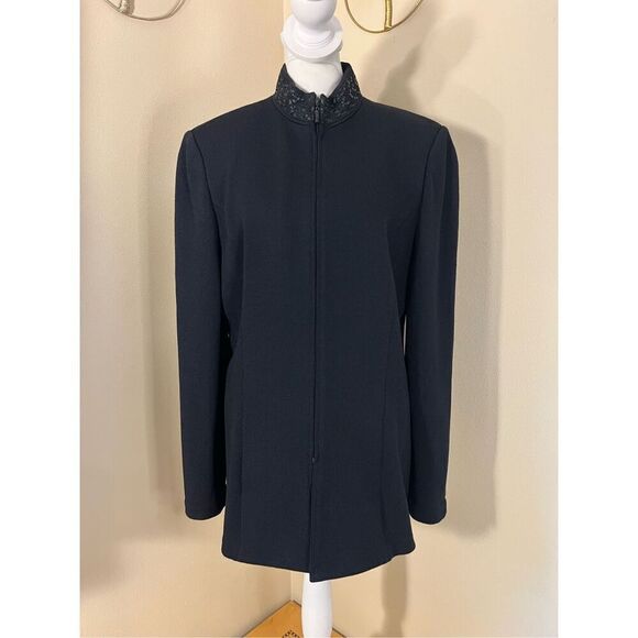 Vintage St John Black Santana Knit Zip Front High Braid Collar Blazer Women's 12 - Picture 8 of 10